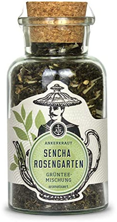 Ankerkraut Sencha Rosengarten Grüntee, grüner Tee lose für ca. 8 Liter, mit gefrier-getrockneten Erdbeeren, zuckerfrei, lecker, heiß genießen, ohne Zusatzstoffe, 80 g im Korkenglas