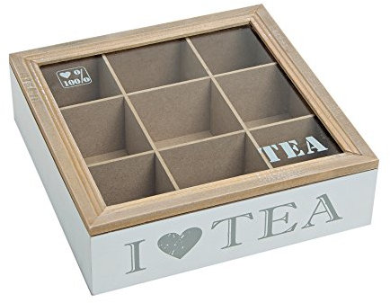 Schöne Teebox 'I Love Tea' mit Sichtfenster und 9 Fächern, Teekiste Teedose Holzbox für Teebeutel