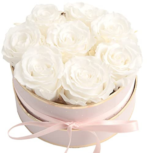 Rosenbox rosa rund Infinity Rosen - Flowerbox 8 echte Rosen haltbar 3 Jahre Durchmesser 15 cm - Geschenk für Frauen (Rosa-Weiß)