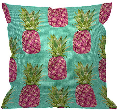 HGOD DESIGNS Ananas-Kissenbezug, Aquarell Obst Rosa Magenta Ananas auf einem türkisen Hintergrund, dekorative Kissenbezüge aus Baumwollleinen, quadratische für Zuhause, Sofa, Couch, 45,7 x cm