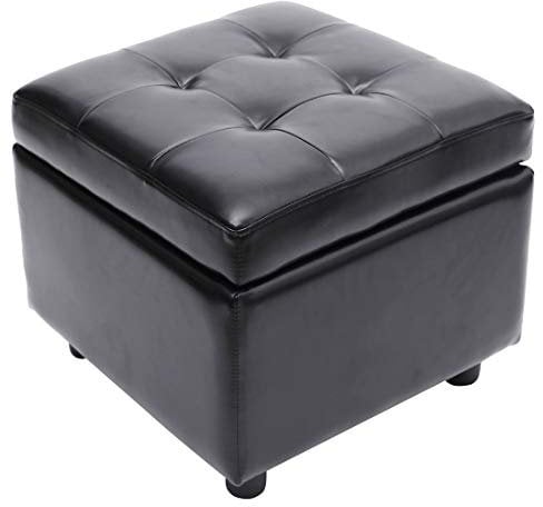 LEITING Luxury Faux Leather Storage Ottoman Toy Box Chair Seat Stool Upholstered Footstool Footrest Cube Pouffe Square For Living Room Bedroom (Black)