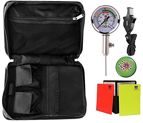 Wrzbest Professional Soccer Referee Accessory Bag Kit Football Soccer Coach Ref Cards Whistle Ball Pressure Gauge Coins in a Multi-Pocket Carryig Bag, Black, Fits All, One Size