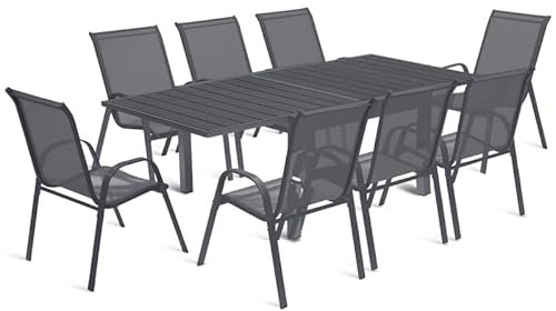 IDMarket - Salon de Jardin Poly Extensible Table 90-180 CM et 8 chaises Gris foncé