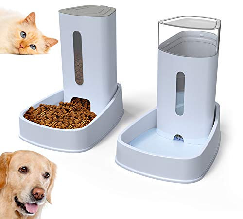 Gravity Automatic Cat Feeders Set Dog Food Feeder with Water Dispenser, Pet Feeder and Water Dispenser Set 3.8L X 2Pcs for Small/Large Puppy Kitten (White)