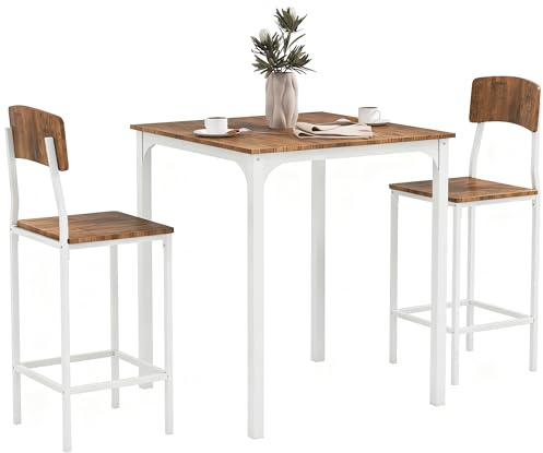HOMCOM 3-Piece Counter Height Bar Table with Space-Saving Design, Square Kitchen Table and Chairs Set with Footrest, Metal Legs, Industrial Dining Table Set for 2, Walnut and White