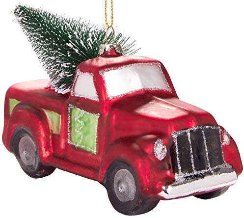 BRUBAKER Pick-Up Truck mit Tannenbaum Rot - Handbemalte Weihnachtskugel aus Glas - Mundgeblasener Christbaumschmuck Figuren lustig Deko Anhänger Baumkugel - 14.2 cm