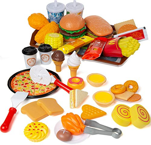 Czemo Jouet Dinette Cuisine Enfant Jeu d'Imitation Hamburgers Pizza Jouet Aliment de Cuisine Dinette Enfant, Hamburgers et Hotdogs, Plateau, 56 Pièces