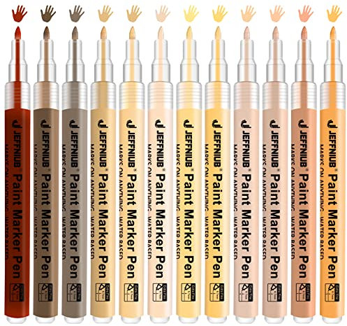 JEFFNIUB Acrylic Paint Pens Set of 12 Colors,Skin Tone Markers,0.7mm Extra Fine Tip for Painting on Rocks, Glass, Fabric,Wood,Ceramic,Canvas,Tiles Permanent Marker Pens