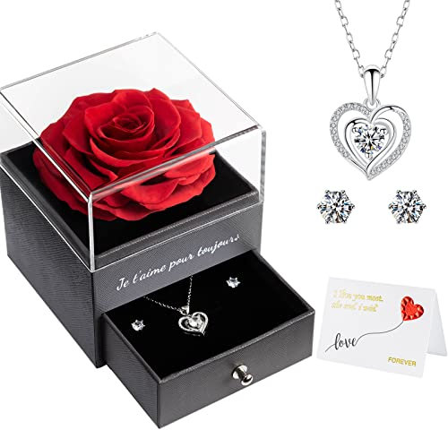Miofula Rose Eternelle Cadeau Femme, Rose Éternelle avec Argent 925 Collier Boucles d'oreilles Bijoux Cadeau Anniversaire Femme, Préservée Rose Cadeau pour Elle la Noël, Saint-Valentin, Fête des mères