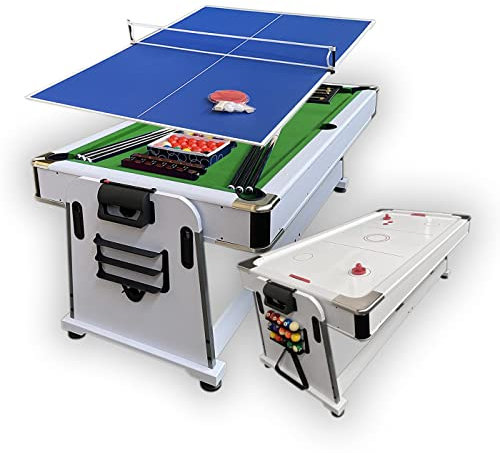 Billardtisch Weiß 7 FT mod. Mattew mit grünem Tuch und Tischhockey und Tischtennistisch und Tischdecke