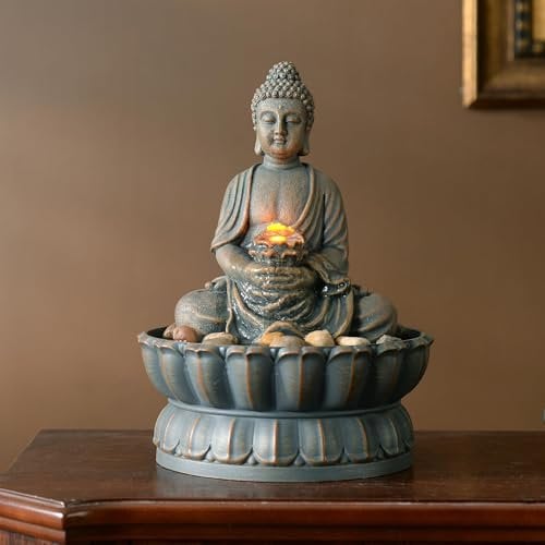 Kalona 9.6 Tabletop Fountain Exquisite Smile Sitting Buddha Fountains Desk Water Fountain Decorative Zen Fountain w/Reflective Lighting/Cobblestone Office and Home Decor(21125A)