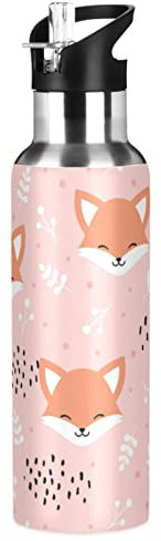 ZZKKO Water Bottle with Straw Cute Fox Pink Stainless Steel Iron Flask Capsule Water Bottle Daily Water Intake Bottle Thermos Kids Cups No Spill Women Adult 20OZ/600ML