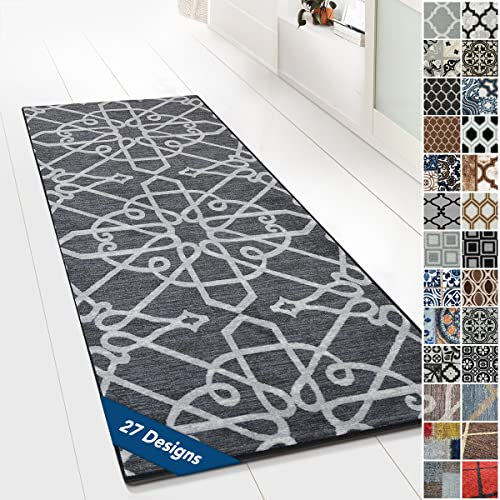 Floordirekt Teppichläufer mit Muster - maßgefertigter Feinschlingen Teppich Läufer für Küche, Flur & Wohnraum - Ornament Vintage Orient Gitter (80 x 450 cm, Navelli Schwarz)