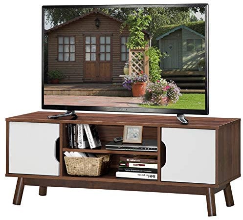 COSTWAY Mobile Porta TV con Ripiani Aperti, per TV fino a 55”, Mobile TV di Legno per Salone, Camera da letto, Corridoio, Facile da Montare,120 x 39 x 47 cm (Noce+Bianco)