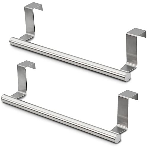 2pcs Over the Door Towel Rail, TACYKIBD Tea Towel Holder Hanger Storage, 23cm Dish Towel Holder for Hanging Over The Cupboard Drawer Cabinet Kitchen Bathroom Bar (Silver)