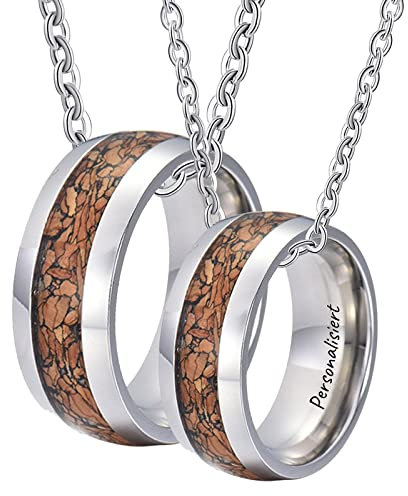 AMDXD Partner Kette aus Wolfram, 2er Ringe Anhänger Holz Partnerketten mit Wunschgravur, Silber für Damen Herren, Breite 8mm, Kettelänge 50cm 60cm