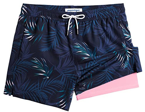 MaaMgic Herren Badehose mit Kompression Badeshorts 2 in 1 | 5.5 Schnelltrocknend lässige Swim Shorts Kurz Boardshorts mit Innenhose Reißverschlusstasche,02 Navy Palmen Rosa 5.5,S