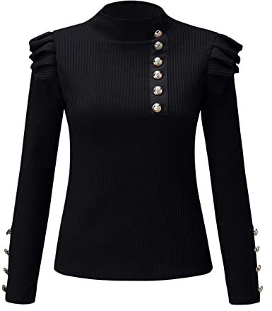 QWUVEDS Pullover Damen Glitzer Herbst-Winter-Frauen-Sweatshirt-Lange Hülsen-RIPP-Bluse-Rollkragen-Knopf-Rüsche-Strickjacke-Elegantes dünnes Oberteil Langarmshirt Damen Pack