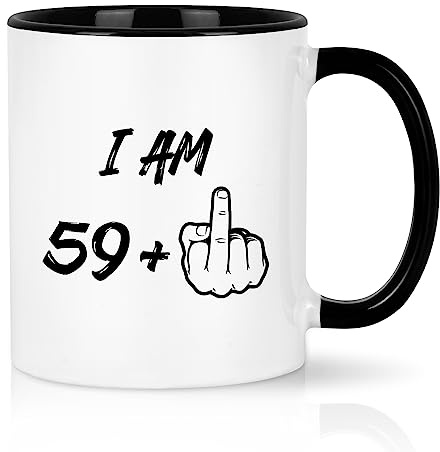 YHRJWN - Tazza da caffè per il 60° compleanno per uomini e donne, tazza da caffè con dito medio I Am 59 Plus per papà, mamma, amici, idee regalo di compleanno per donna di 60 anni, tazza bianca da 325