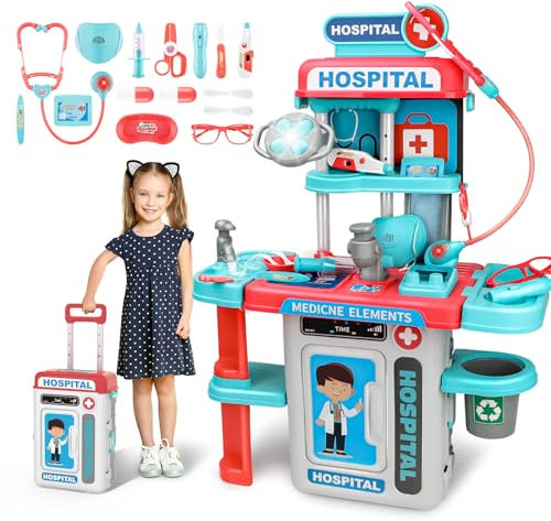 deAO Arztkoffer Spielset Kinder, Doktor Rollenspiel Kit mit Sound Licht, Medizinisches Stationen-Set mit Stethoskop, Thermometer, Spritze, Medizinisches Spielzeug Geschenke Mädchen Jungen