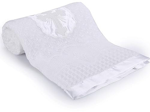 Booulfi Babydecke Weiße Taufe Kuscheldecke Kinderdecke, Neugeborenen Jungen Babydecke Mädchen Kreuzstickerei mit My Baptism Day, warme Herbst Winter Babydecke