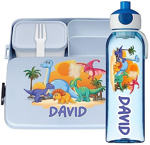 Ferocity Lunchbox Set für Kinder Mädchen zur Schule Personalisiert mit Namen Brotdose Wasserflasche Trinkflasche BPA frei Essen für Unterwegs mit Gabel und Bento Fach to Go Dinosaurs [153]