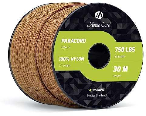 Abma Cord 750lb Paracord 4mm 30M Cuerda de 100% Nylon Tipo IV 11 Hebras Grado Militar Cuerda de Paracaídas - MAX. 340kg - Marrón Oscuro