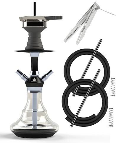 NOBLE HOOKAH Set de Cáñamo Pequeño de Viaje de 43 cm con Accesorios, Botella Soplada a Mano y Pipa de Acero Inoxidable, 2 Mangueras y Asas