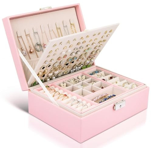 YONZONE Jewellery Box Organiser for Women Girls, Large Jewellery Boxes Storage for Earrings Rings Bracelets Necklace Gift, 3- Layers PU Leather Lockable Jewelry Case Holder with Removable Tray (Pink)