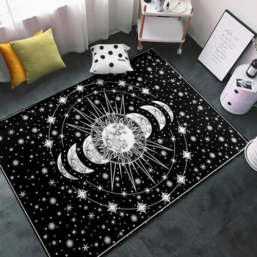 Sonne und Mond Teppich – Boho Himmelsteppich – schwarz-weiße Sternbilder, Sternzeichenteppich, Sternzeichenteppich, Gothic-Fußmatten für Schlafzimmer, Wohnzimmer, Esszimmer, 90 x 100 cm