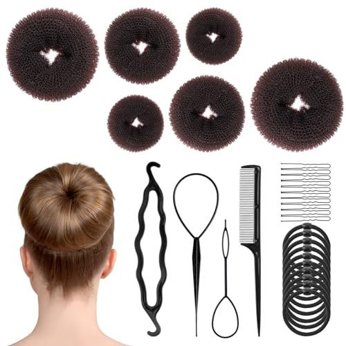 Lusofie 6 Stück Duttkissen Klein Groß Hochsteckfrisuren Zubehör mit 30 Stück Schwarz U-Förmige Haarspangen 10 Gummibänder 4 Haar Werkzeuge für Damen Mädchen Kinder, Haarschmuck Damen Set