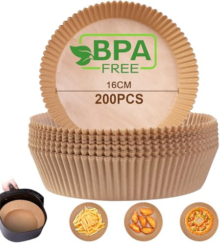 AiQInu Backpapier für Heißluftfritteuse, Airfryer Backpapier Rund 16cm 200 Stück BPA-frei Wasserdicht Ölfest Pergamentpapier Liner Airfryer Zubehör für Heißluftfritteuse Ofen Mikrowelle