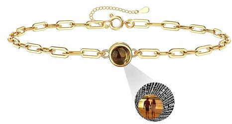 Auinniuz Individuelles Fotoarmband Aus Sterlingsilber – Personalisiertes Armband Mit Foto – Runder Anhänger Mit Farbfoto Armband Im Inneren B-Gold