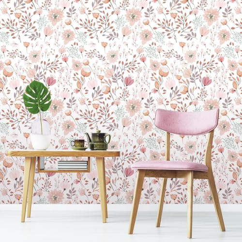 GeRRiT 17.7x118.1 Sweet Girls Room Decor Peel and Stick Boho Pink Floral Peel Stick Wallpaper Contact Paper Removable Self Adhesive Flower Wallpaper for Walls Bedroom Home Decoration