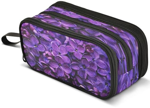 Mnsruu Purple Lilac Syringa Vulgaris Blossom Pencil Case Large Capacity Pen Pouch Pencil Bag with 3 Compartments Pen Holder Organizer Stationery Bag