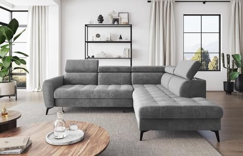 Easy4You Ecksofa Bjorn Velvet L-Form Grau – 260x101x215 cm - Schlafsofa mit Bettkasten und Schlaffunktion - Eckcouch mit Stauraum - Verstellbare Kopfstützen – Rechts – Stoff Monolith 85