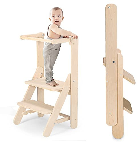 CAWI® Lernturm Klappbar aus Holz, Learning Tower, Lernstuhl für Kinder, Küchenturm und Küchenhelfer, Lerntower, Hochstuhl Tritthocker ab 1 Jahr ab 2/3 Jahre, Montessori