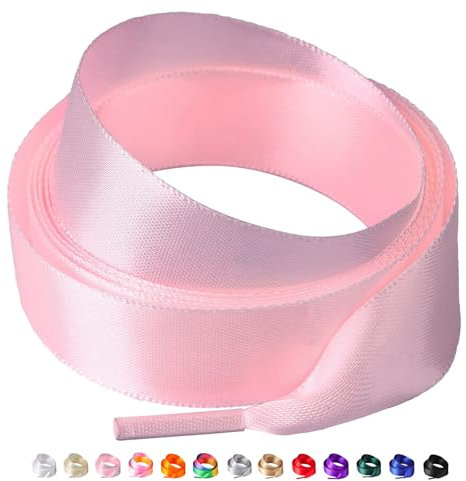 Olukssck 2 Paires de Lacets Chaussures en Rubans de Satin, 2cm de Large Lacets pour Femmes et Filles, Ruban en Soie Lacets Plats pour Chaussures Baskets, chaussures course, Rose, 120cm
