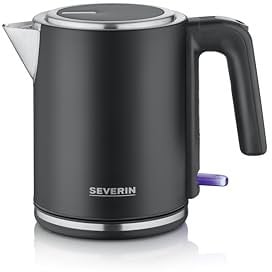 SEVERIN Hervidor eléctrico 1 L, tetera con indicador de nivel de agua, filtro antical, abertura de tapa XXL, potente y compacto, 100% libre de BPA, 2400 W, negro - plateado - acero inoxidable, WK 9555