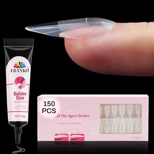 150Pcs Bulid on Apex Nail Tip, EBANKU Glamorous Medium Almond Nail Pre-shape Full Cover Extension with Bulider Glue No Need UV Light
