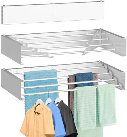 FOCHIER F Wäscheständer, Wandmontage, weiß, 60 cm | Zusammenklappbares Abtropfgestell mit 4 Aluminiumstangen und Bohrschablone, langer Schraubendreher-Bit, 27,2 kg Kapazität