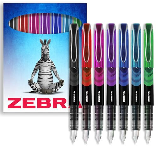 Zebra Fuente Pen - Disposable Fountain Pens - Pack of 7 - Black, Red, Pink, Violet, Blue, Light Blue & Green - In Zebra Cardboard Gift Box