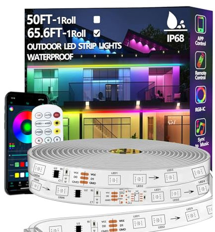 20m RGB+IC LED Streifen,Außenbereich IP68 Wasserdicht,Steuerung mit App/Fernbedienung,Bluetooth Musik Sync Seillicht für Balkone,errassen,Dächer,Gärten,Schwimmbäder