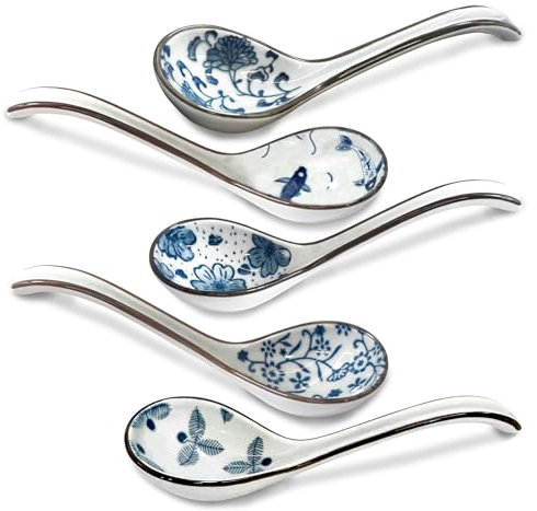 5 cucharas de sopa asiáticas, cucharas japonesas de ramen, cucharas de sopa de mango largo de 6.5 pulgadas, para Udon, Pho, Ramen, Miso, sopa de crema, pasta, arroz de anguila, sopa de caldo,