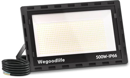 Wegoodlife 500W LED Strahler Außen, Superhell 50000LM Scheinwerfer, 3000K Warmweiß Außenstrahler, IP66 Wasserdicht LED Fluter Flutlicht, 50cm Kabel kein Stecker, Außenleuchte für Garage Hinterhof Flur