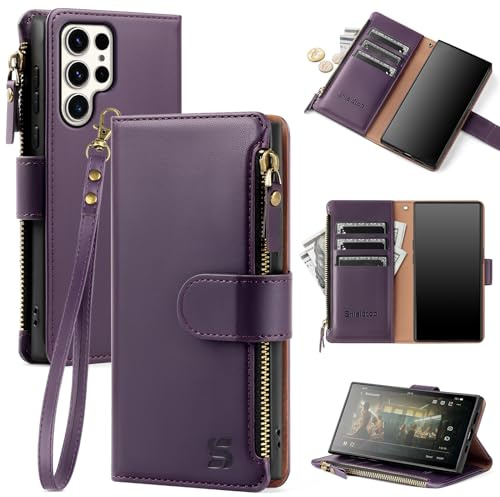 Shieldtop Compatible with Samsung Galaxy S25 Ultra Wallet Case with Card Holder,Women Men RFID Blocking PU Leather Flip Cover Wrist Strap Zipper Credit Card Slots,Phone Case for S25 Ultra,Dark Purple