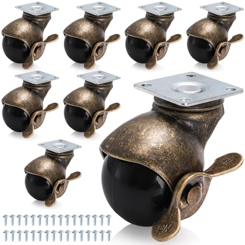 Goaste 8 Pack 50mm Ball Caster Wheels, Antique Brass Swivel Casters with Brakes, Vintage Spherical Ball Casters with Sockets, 360 Degree Caster Wheels for Furniture, Table, Chairs, Cabinets, Sofa