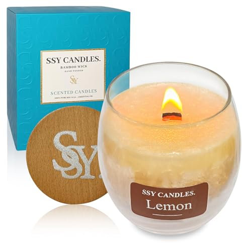Bougies dans un pot en verre, bougie parfumée au citron, mèche en bois, texture craquante de glace, épices sélectionnées, cire de soja naturelle, durée de combustion jusqu'à 50 heures et plus
