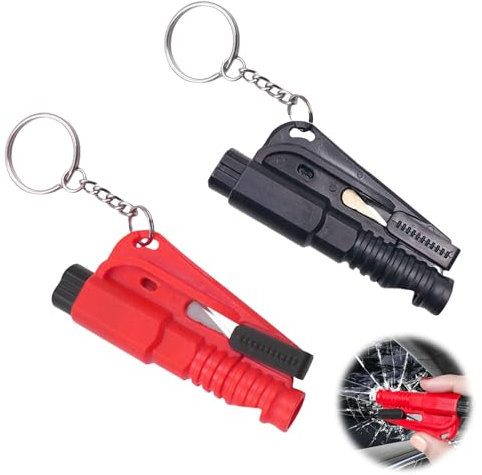 Ruzister Lot de 2 porte-clés d'urgence 3 en 1 avec brise-vitre et coupe-ceinture, marteau de sauvetage pour voitures, portable et facile à utiliser, en violet et jaune