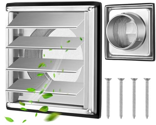 Luckwaii Lüftungsgitter Edelstahl Belüftungsgitter 150mm Lüftungsgitter mit Insektenschutz Bewegliche Lamellen, Rückschlagklappe mit Dichtung und Schrauben für VMC Leitung und Mantel, Dunstabzugshaube